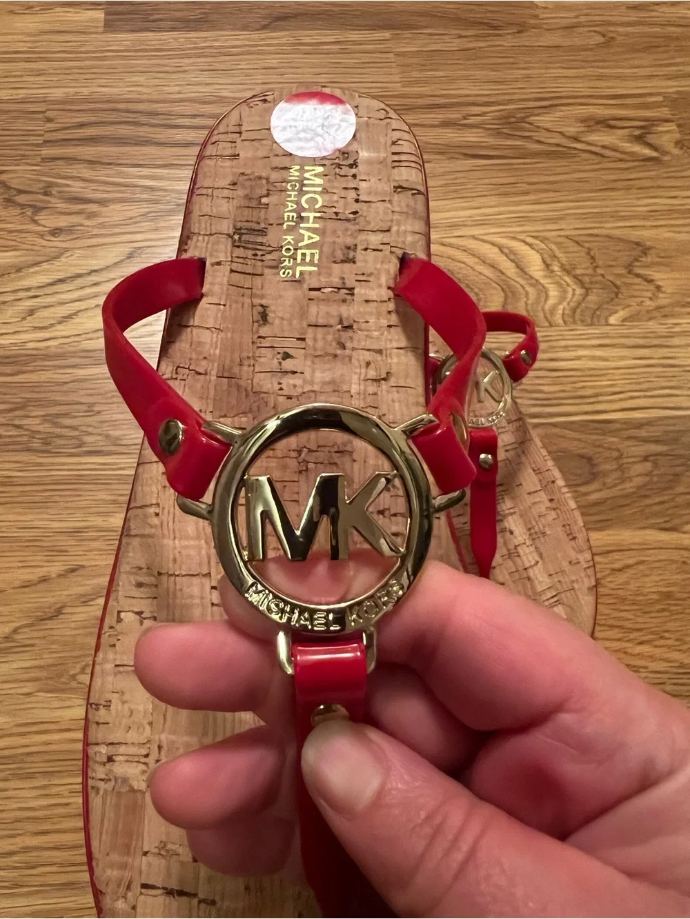 Michael Kors Red Logo Charm Jelly T-Strap Cork Sandals/Flip Flops.